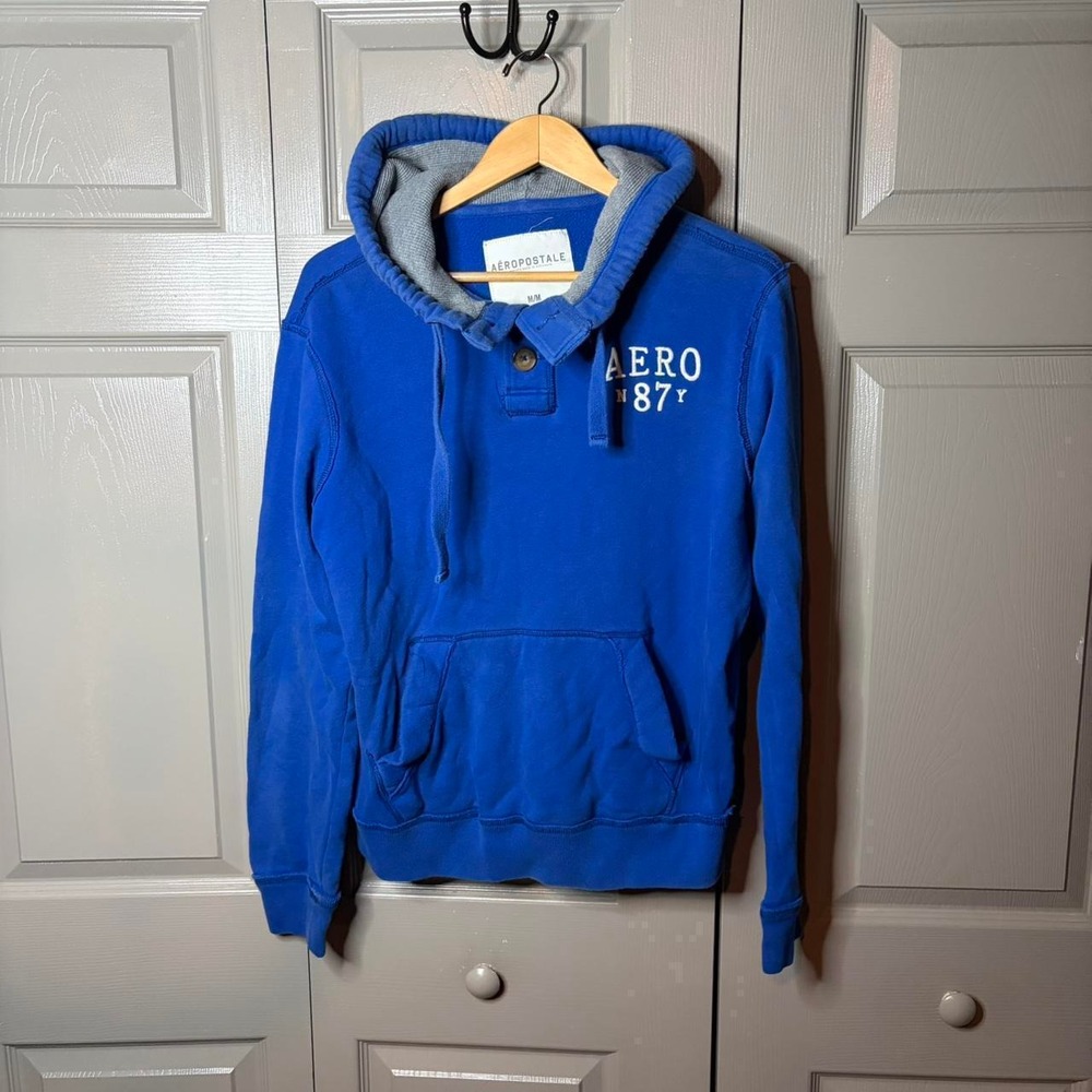 Aeropostale Mens Blue Pullover Hoodie Y2K Preppy Logo Sweatshirt Size M